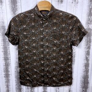 Marsh Wear Marsh Bird Print Button Up Shirt Brown Lyocell Short Sleeve Men L